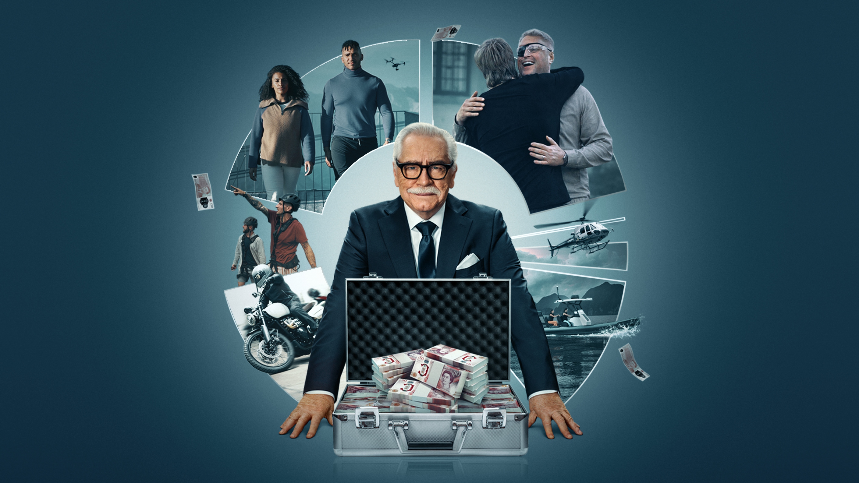 Key art for 007 Road to a Million with Brian Cox centre with images of competitors in a circle around him.
