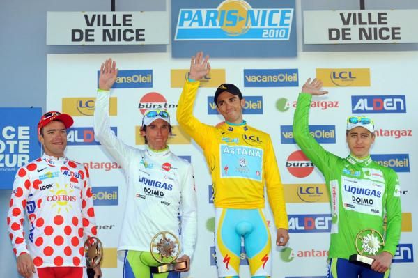 Ama&euml;l Moinard (Cofidis - mountains), Roman Kreuziger (Liquigas-Doimo - young rider), Alberto Contador (Astana - overall) and Peter Sagan (Liquigas-Doimo - points)