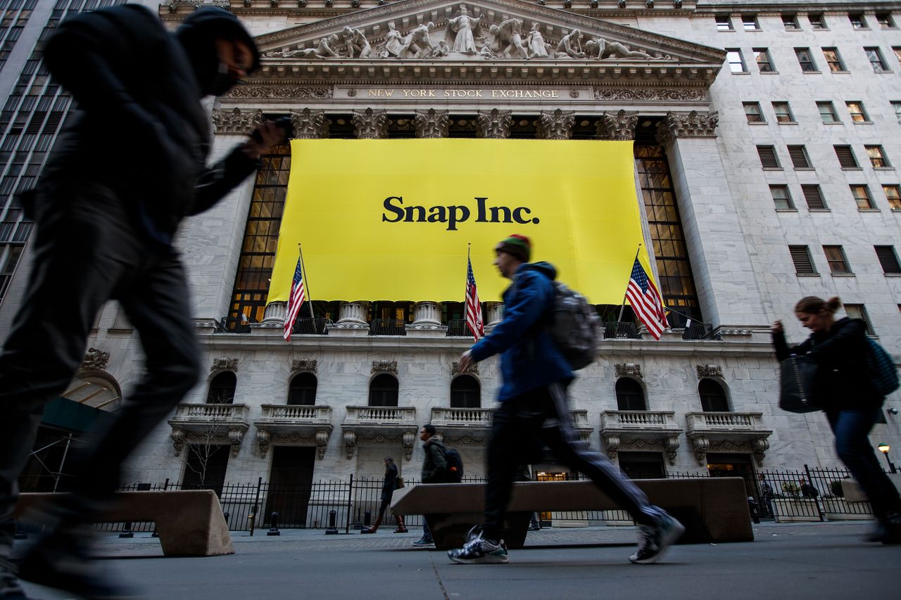 A Snap Inc. sign hangs outside of the NYSE