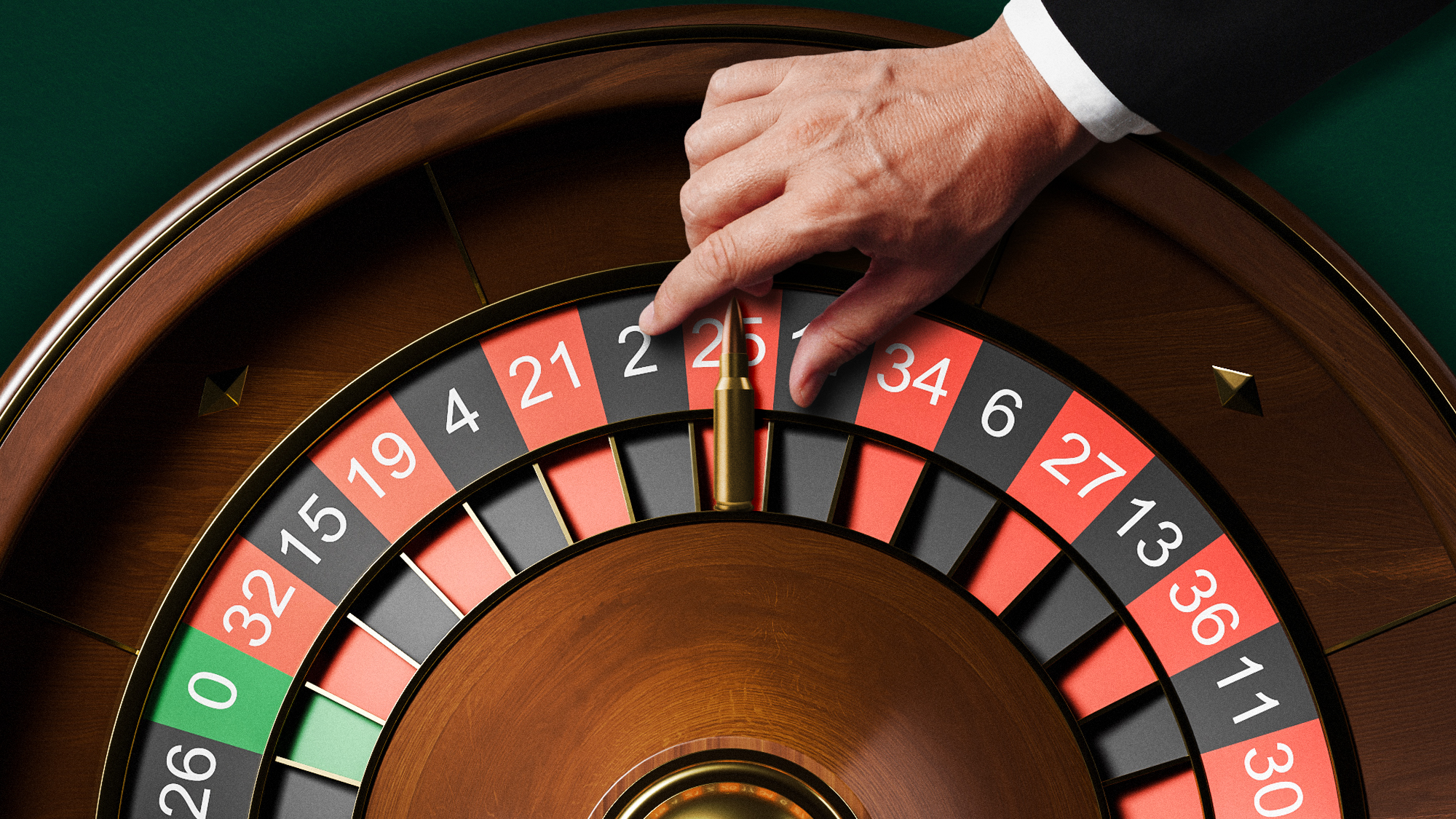 Illustration of a person gambling on a roulette wheel with a bullet