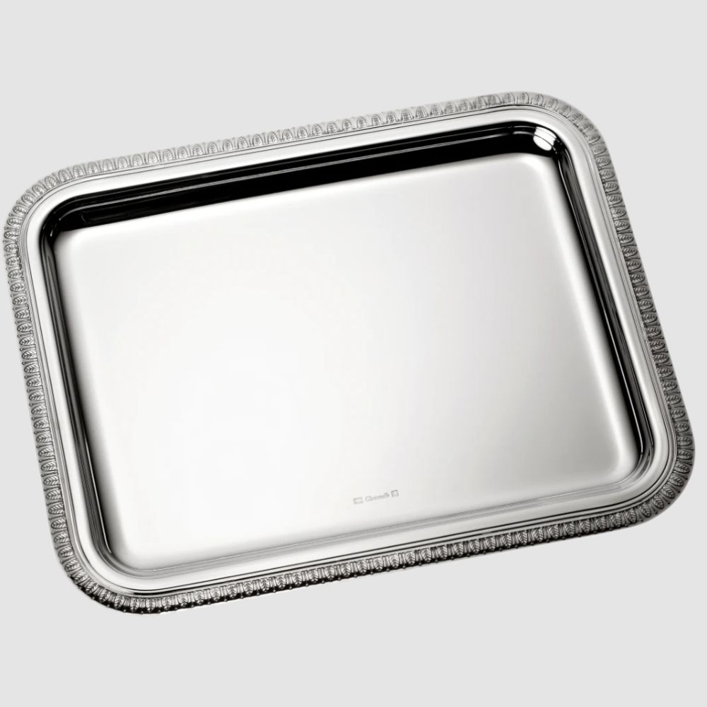 Silver square serving tray with patterned edge
