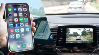 A composite shot showing wireless CarPlay on one side and a live feed from a dash cam on an infotainment screen on the other