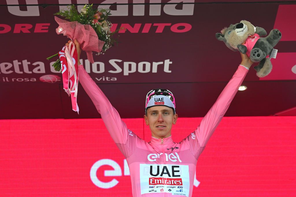 FRANCAVILLA AL MARE ITALY MAY 15 Tadej Pogacar of Slovenia and UAE Team Emirates Pink Leader Jersey celebrates at podium during the 107th Giro dItalia 2024 Stage 11 a 207km stage from Foiano di val Fortore to Francavilla al mare UCIWT on May 15 2024 in Francavilla al mare Italy Photo by Tim de WaeleGetty Images