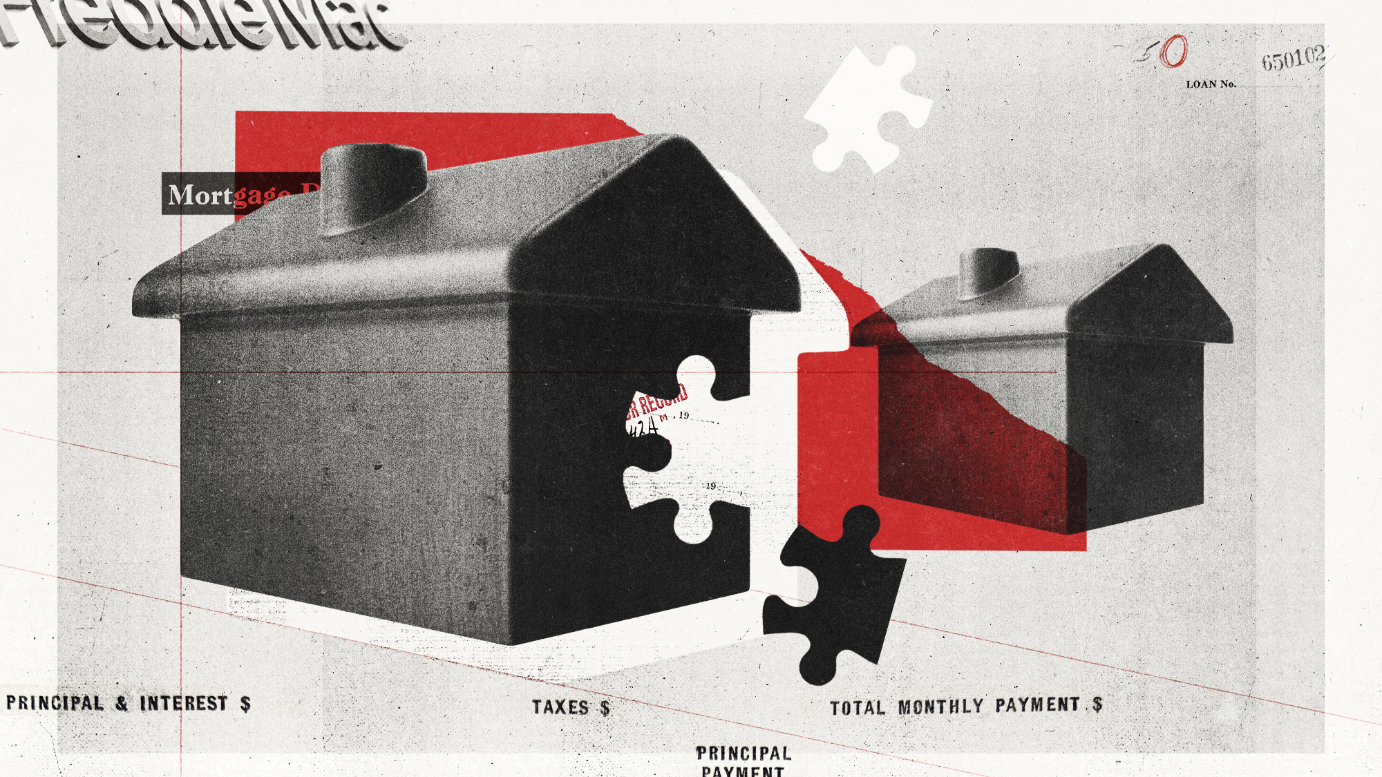 Photo composite illustration of houses, jigsaw pieces and mortgage deeds