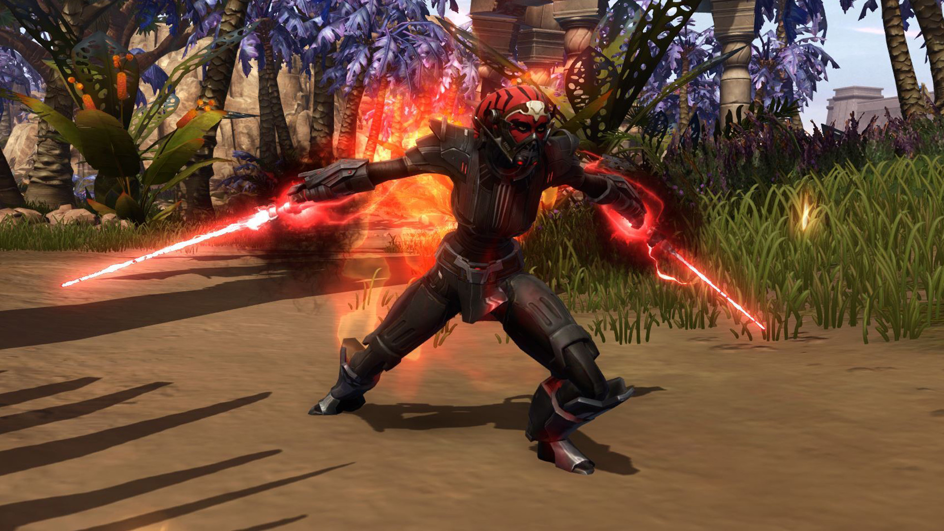 A sith player holding two red lightsabers during the MMORPG Star Wars: The Old Republic
