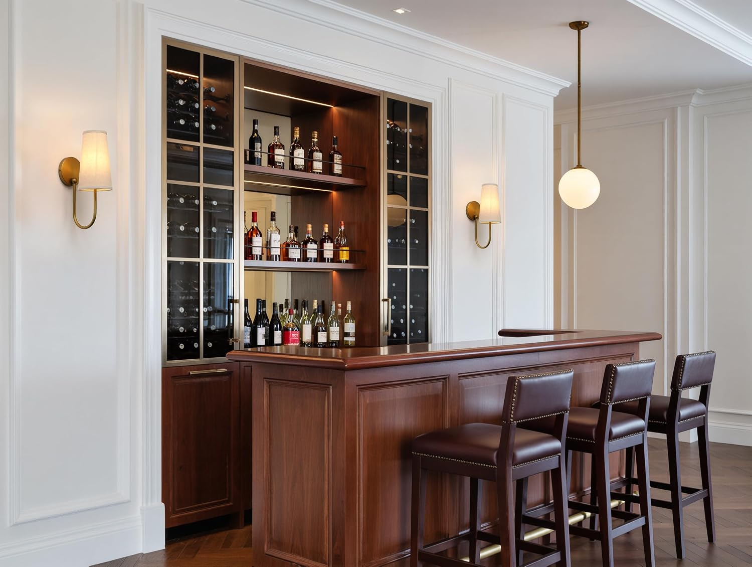 sconces flanking. a bar