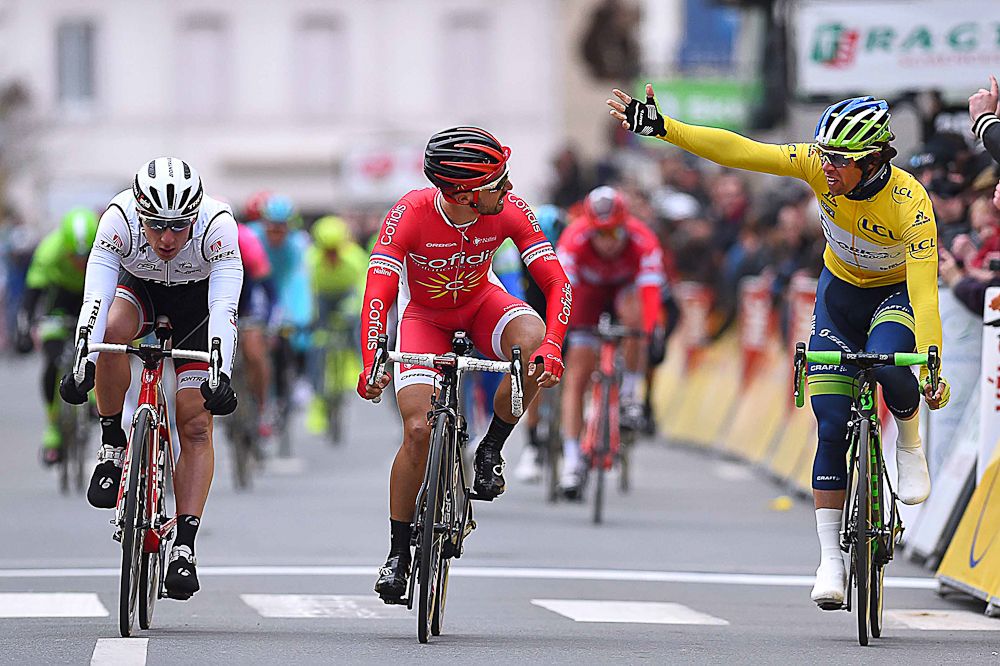 Nacer Bouhanni and Michael Matthews react after the contentious stage 2 sprint at Paris-Nice