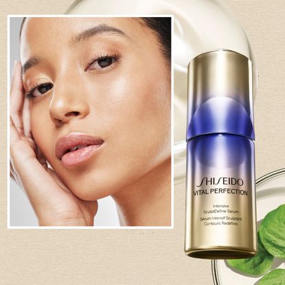 Shiseido Vital Perfection SculptDefine Serum on a womens face next to the bottle and ingredients