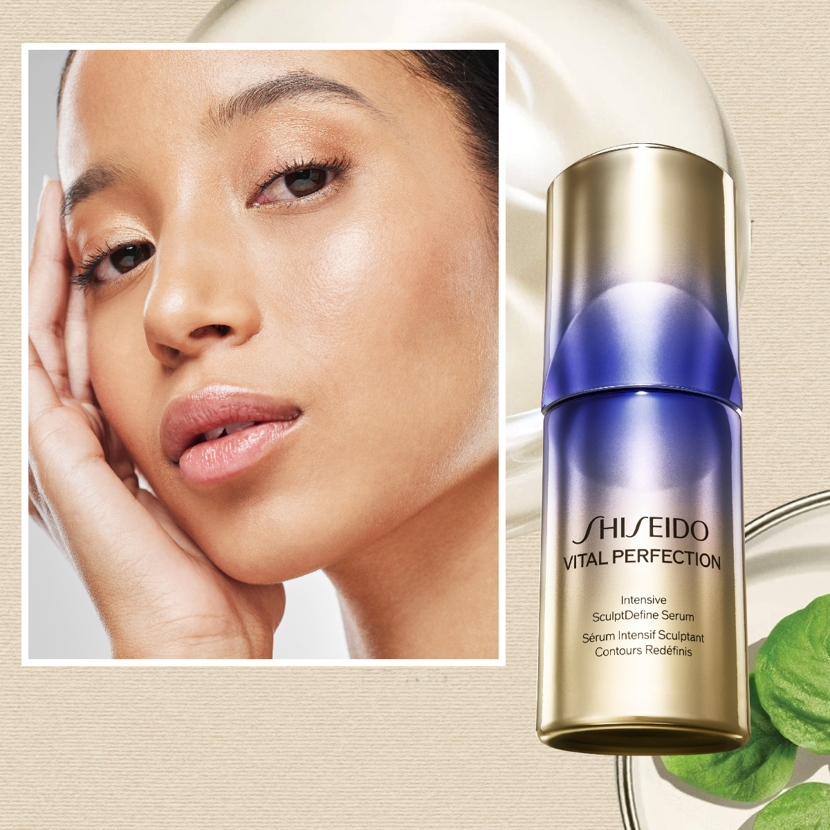 Shiseido Vital Perfection SculptDefine Serum on a womens face next to the bottle and ingredients