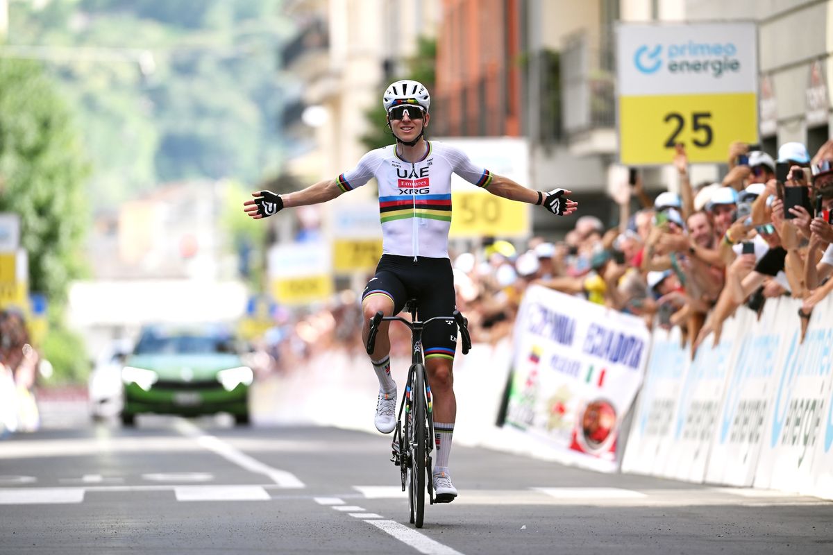 SONDRIO, ITALY - JUNE 17: Tadej Pogacar of Slovenia and UAE Team Emirates - XRG celebrates at finish line as stage winner during the 89th Tour de Suisse 2026, Stage 1 a 144km stage from Sondrio to Sondrio / #UCIWT / on June 17, 2026 in Sondrio, Italy. (Photo by Tim de Waele/Getty Images)