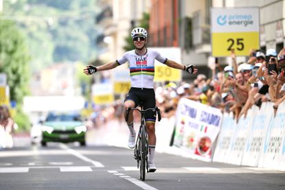 SONDRIO, ITALY - JUNE 17: Tadej Pogacar of Slovenia and UAE Team Emirates - XRG celebrates at finish line as stage winner during the 89th Tour de Suisse 2026, Stage 1 a 144km stage from Sondrio to Sondrio / #UCIWT / on June 17, 2026 in Sondrio, Italy. (Photo by Tim de Waele/Getty Images)