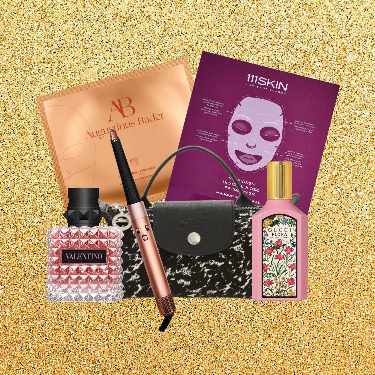 an edit of multiple beauty products on a gold glitter background 