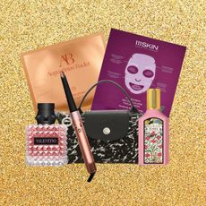 an edit of multiple beauty products on a gold glitter background 