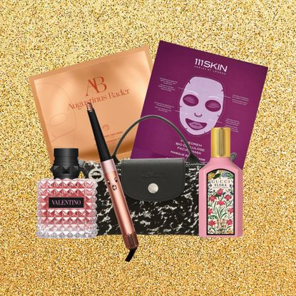 an edit of multiple beauty products on a gold glitter background 