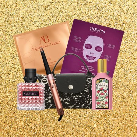 an edit of multiple beauty products on a gold glitter background 