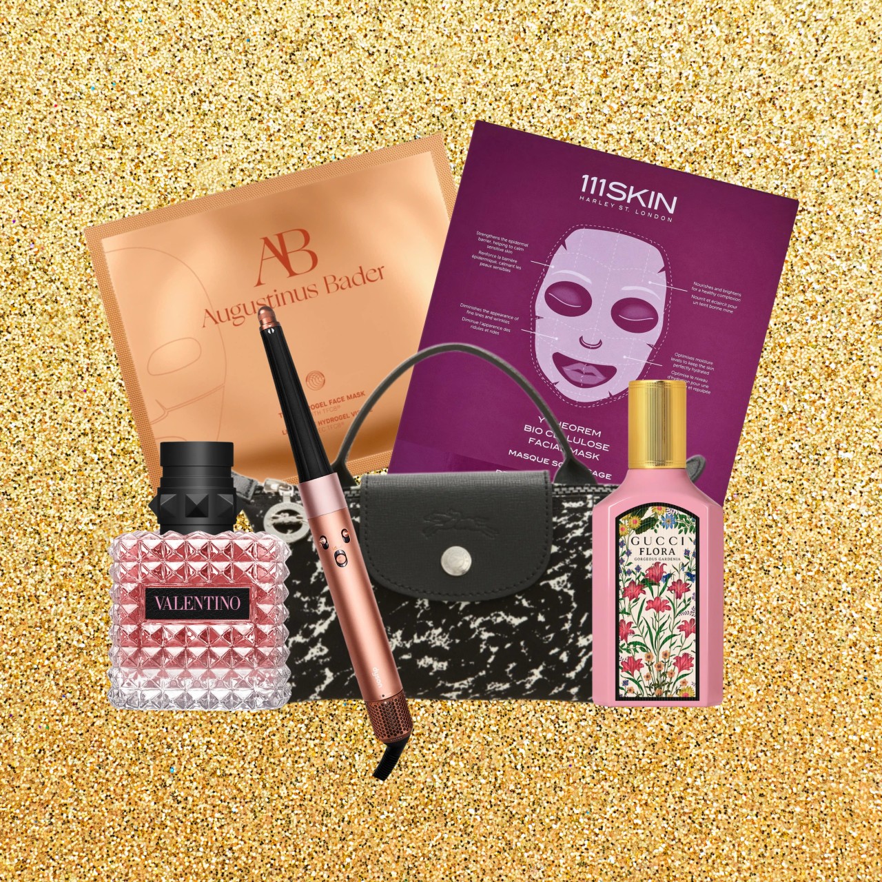 an edit of multiple beauty products on a gold glitter background 