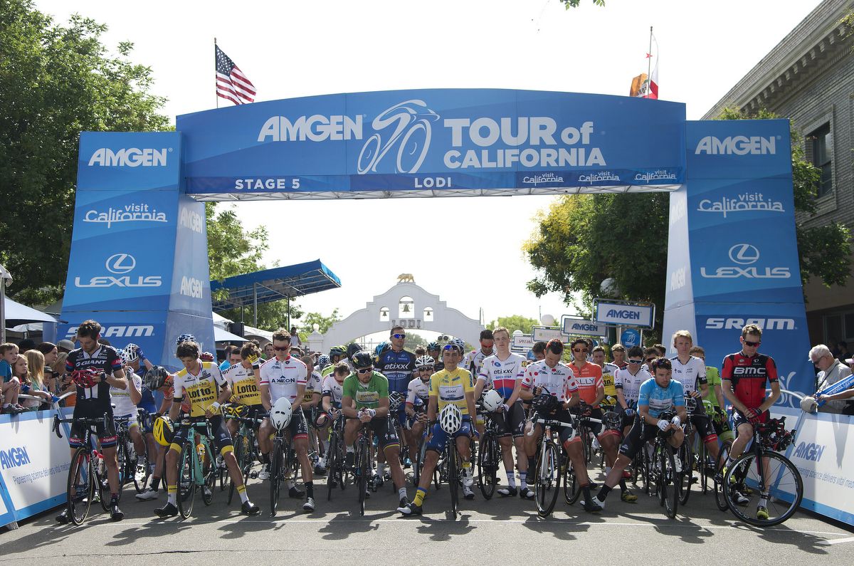 Riders assemble for stage 5 of the Tour of California