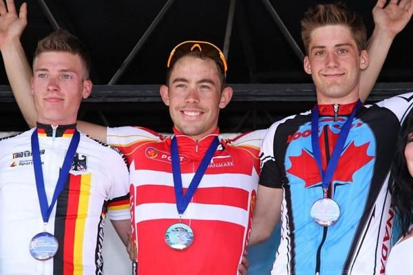 The stage one podium (l-r): Philipp Ries, Sebastian Lander and Hugo Houle.
