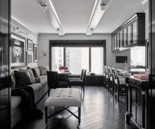 monchrome black and white new york apartment kitchen and living space inspired by ralph lauren