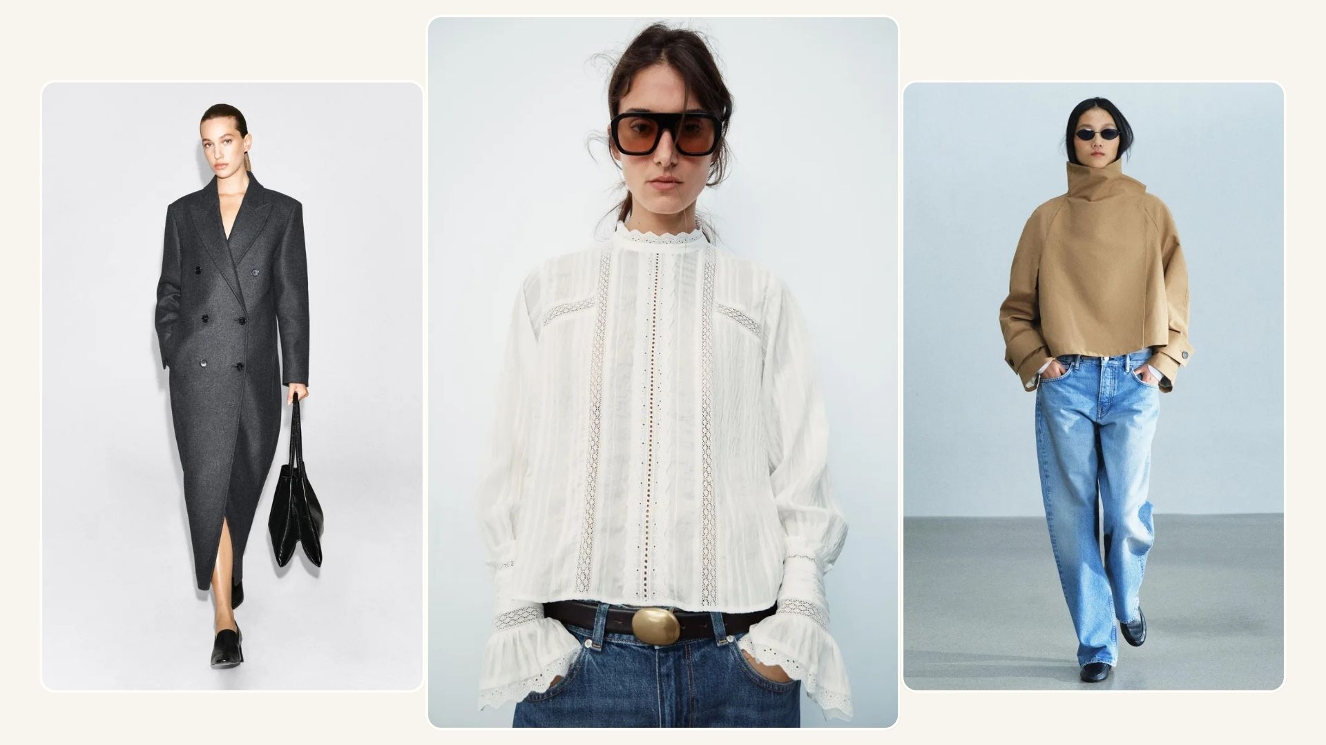 Woman wears grey coat; woman wears embroidered blouse; woman wears trench coat