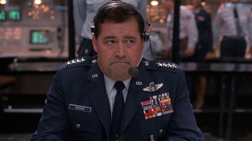 Barry Corbin in a military uniform looking very series in WarGames
