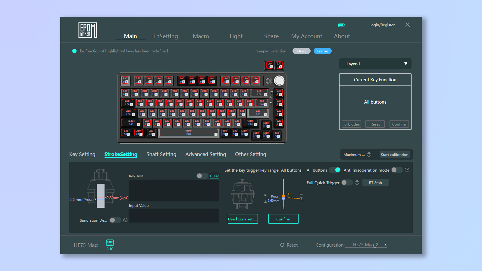 A screenshot of the Epomaker Driver software being used to customize the Epomaker HE75 Mag keyboard