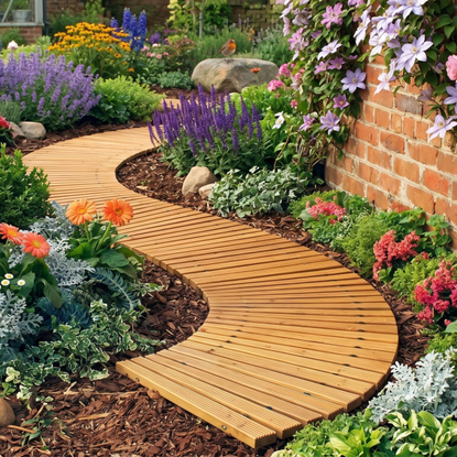 Roll out wood path in yard