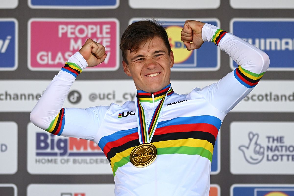 Gold medalist Remco Evenepoel of Belgium celebrates winning during the medal ceremony after the Men Elite Individual Time Trial a 47.8km race from Stirling to Stirling at the 96th UCI Cycling World Championships Glasgow 2023, Day 9 / #UCIWT / on August 11, 2023 in Stirling, Scotland. (Photo by Dario Belingheri/Getty Images)