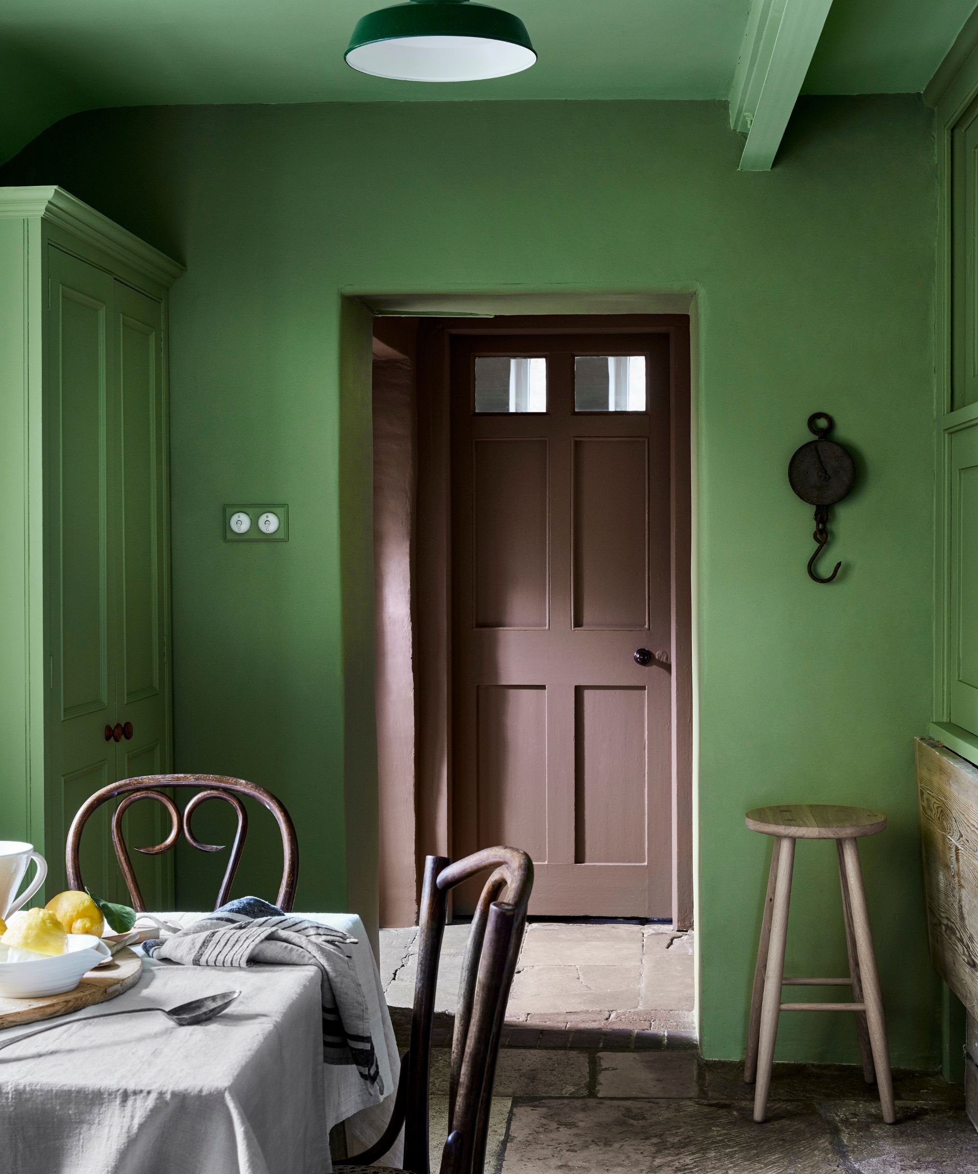 cottage kitchen with bold green walls, brown door and stone floors