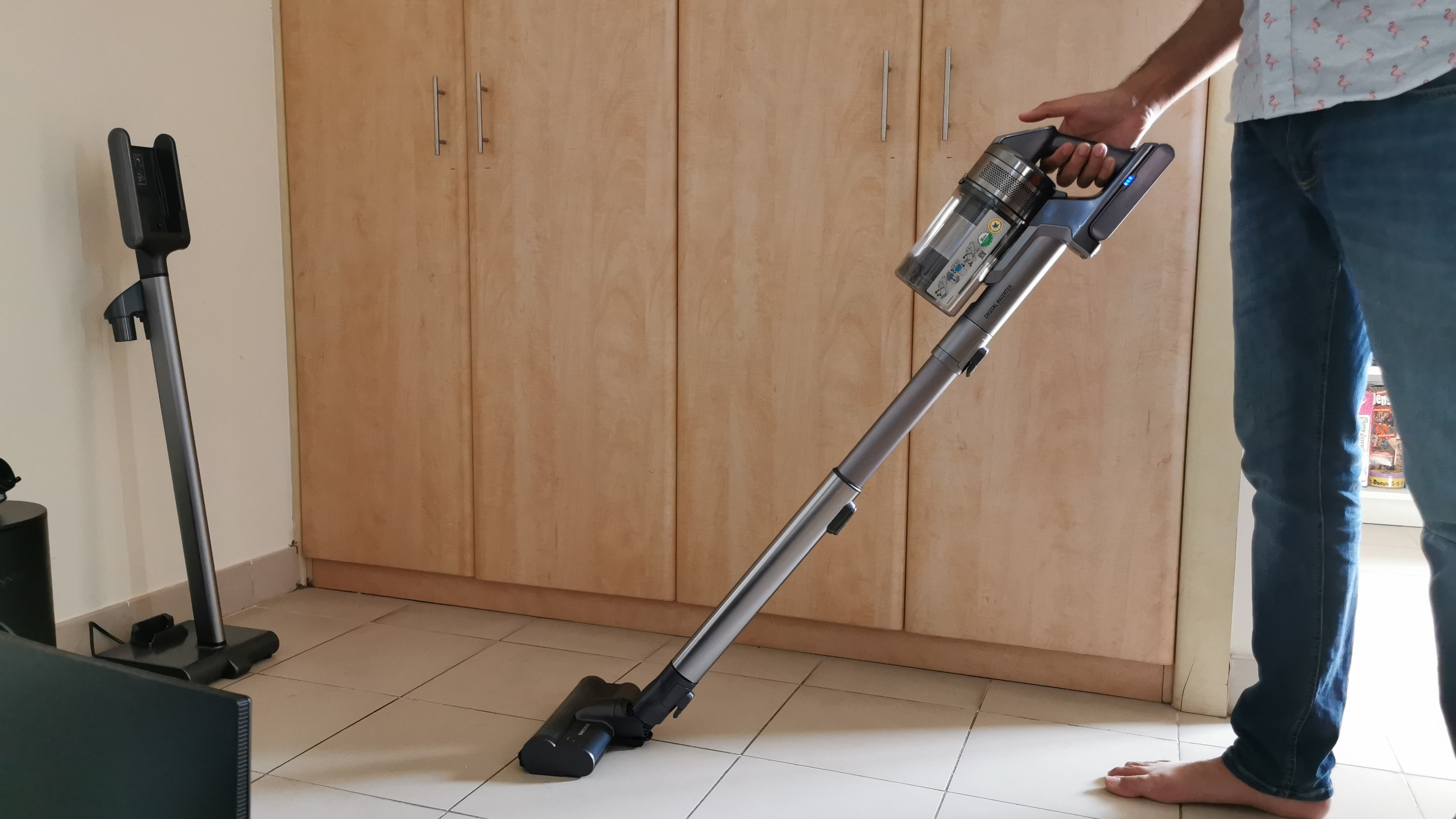 The Samsung Jet 90 Cordless Vacuum being used on hard floor