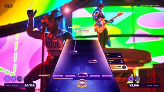 Behind the Rock Band-like rhythm game track, a goatman acts as front man in Fortnite Festival.
