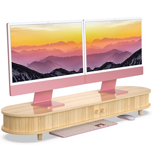 Well Weng Bamboo Dual Monitor Stand With Storage, Curved Double Computer Laptop Stand Desk Shelf Organizer With Sliding Doors (42 Inch)