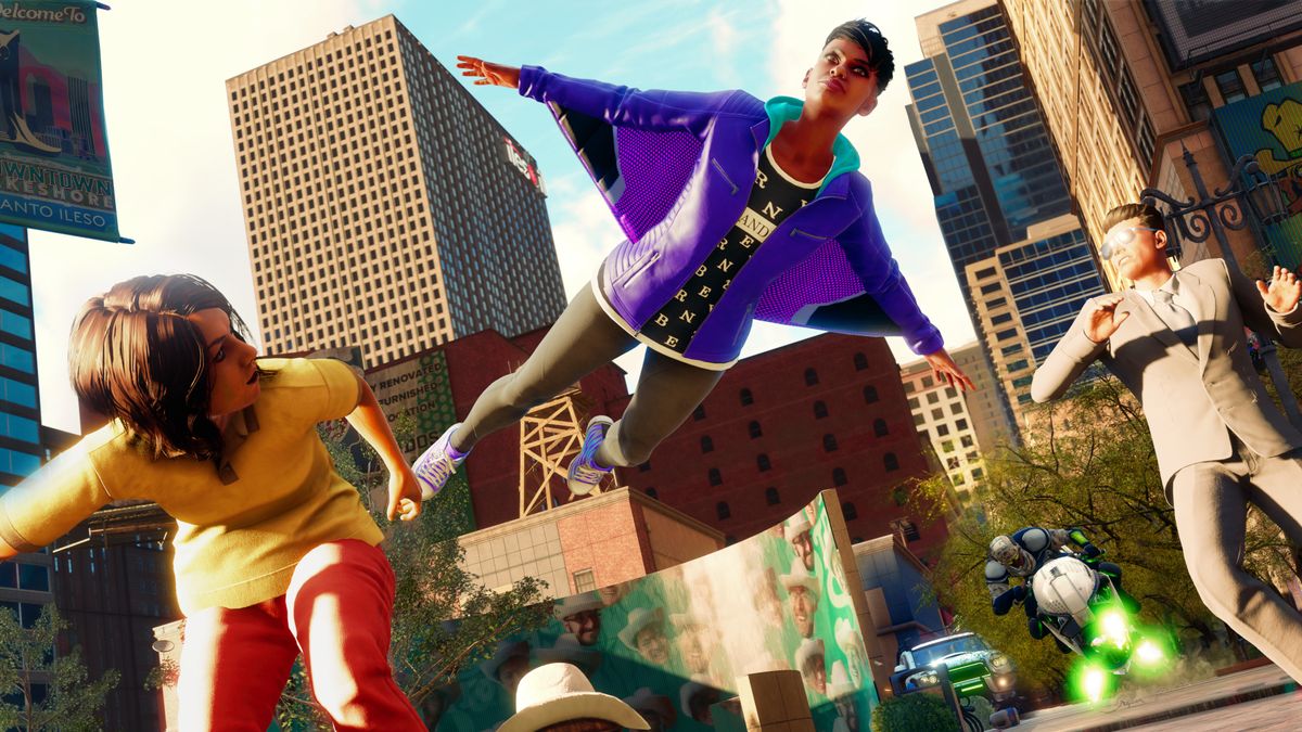 A player flying with the wingsuit in Saints Row