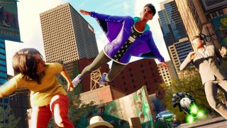 A player flying with the wingsuit in Saints Row