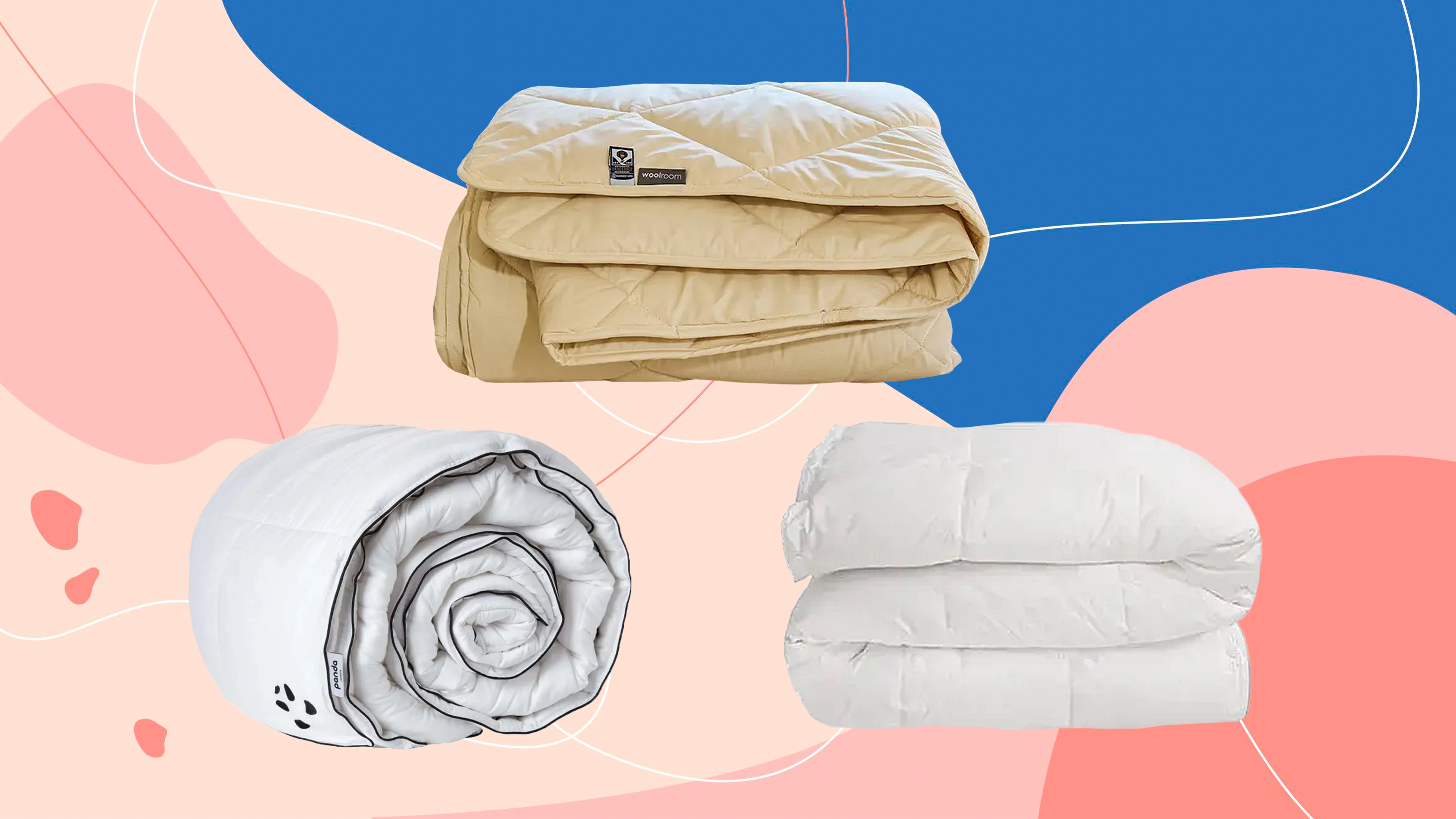 Three of the best duvets Ideal Home has tested on a pink and blue background