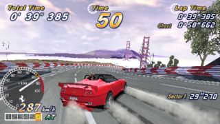 Drifting towards a big red bridge in OutRun 2006: Coast 2 Coast