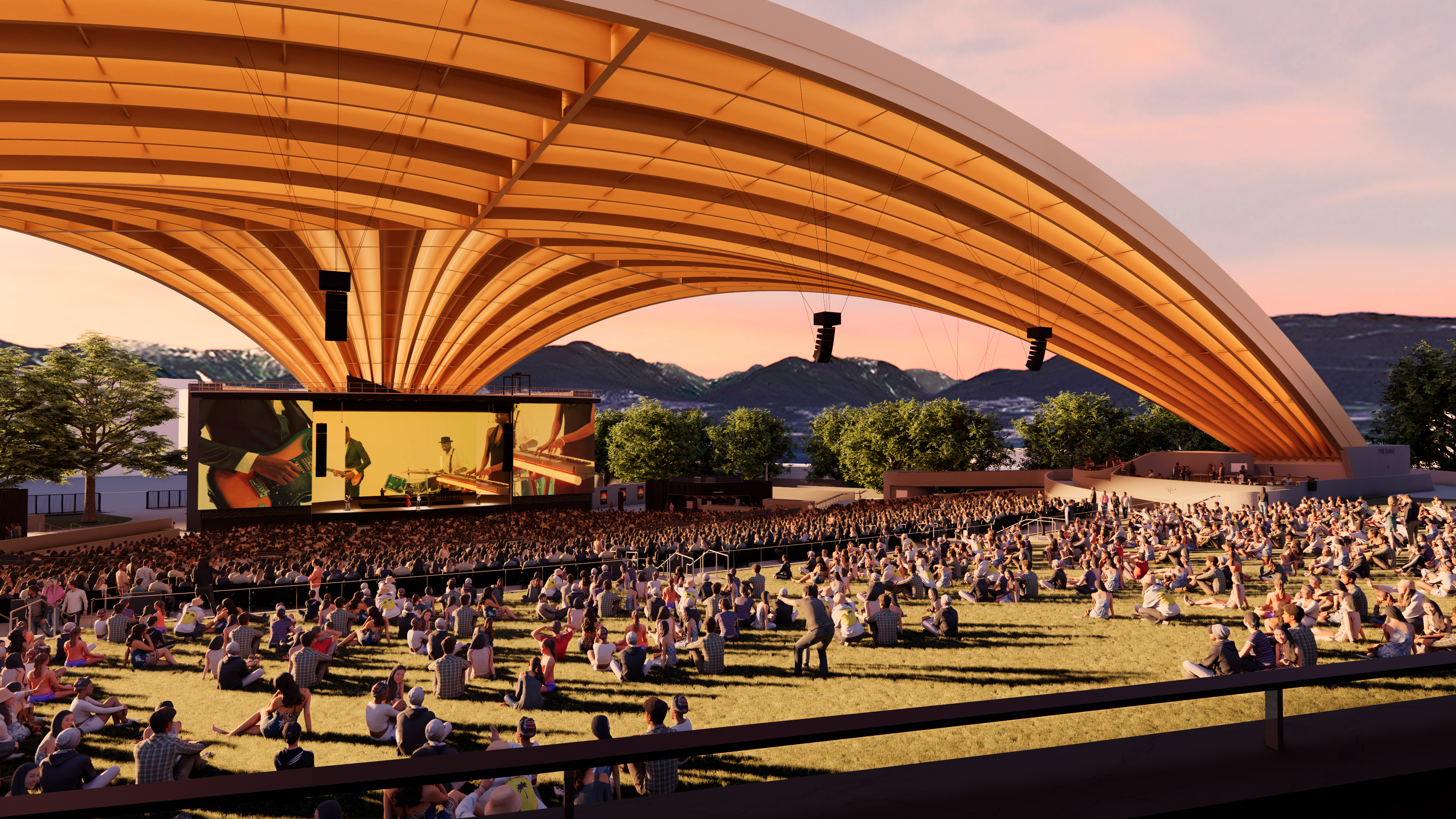 A CGI image of the amphitheatre at Hastings Park, Vancouver, a large, curved open air wooden structure