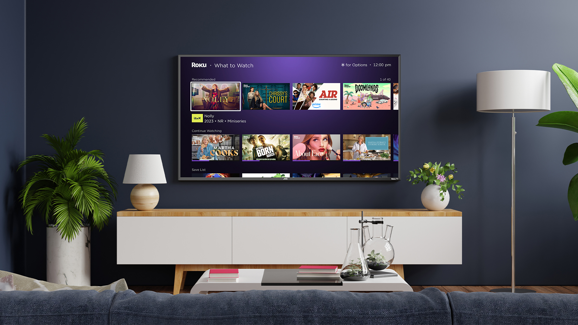 Roku TV on wall with What to watch menu on screen