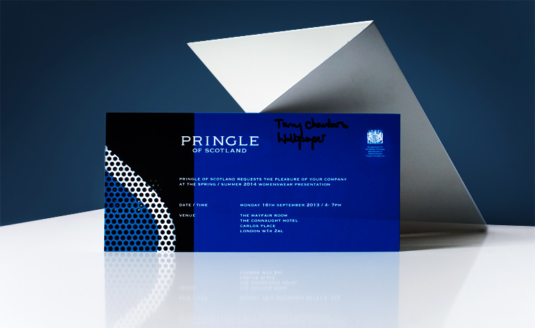 Pringle's royal blue triplex styrofoam invitation was printed with a detail shot of sports-mesh