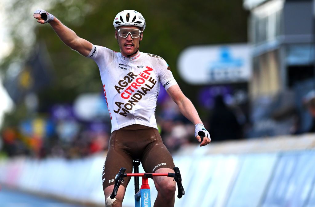 OVERIJSE BELGIUM APRIL 12 Dorian Godon of France and AG2R Citron Team celebrates at finish line as race winner during the 63rd De Brabantse Pijl La Fleche Brabanconne 2023 Mens Elite a 2051km one day race from Leuven to Overijse on April 12 2023 in Overijse Belgium Photo by Luc ClaessenGetty Images