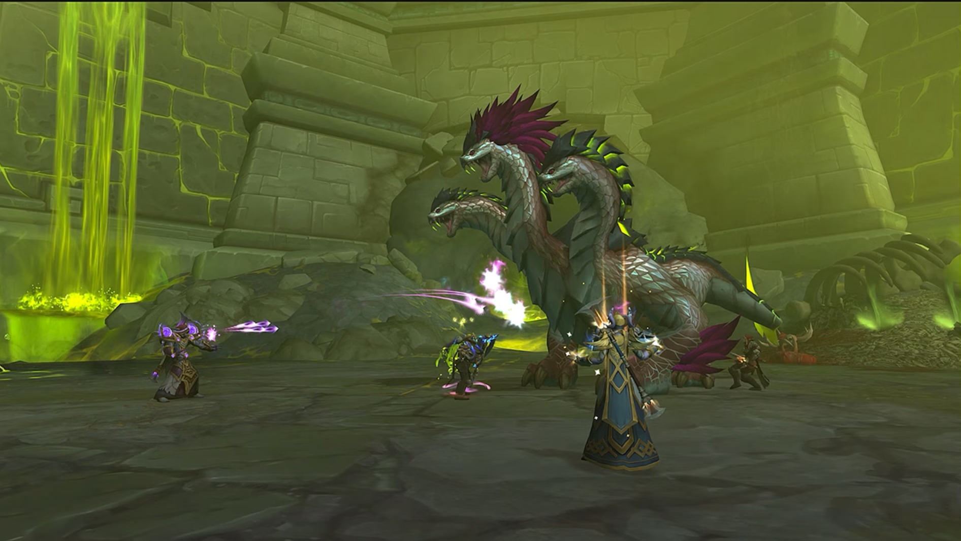 Fantasy scene of four armored warriors battling a large, three-headed, spiky, green beast in a stone dungeon with glowing green elements, conveying tension.