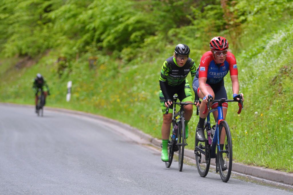 SCHLEIZ GERMANY MAY 27 Helena Bieber of Germany and Team RSG Giessen Biehler Kirsten Wild of Netherlands and Ceratizit WNT Pro Cycling Team in the Breakaway during the 34th Internationale LOTTO Thringen Ladies Tour 2021 Stage 3 a 1165km stage from Schleiz to Schleiz ltlt2021 lottothueringenladiestour womencycling on May 27 2021 in Schleiz Germany Photo by Luc ClaessenGetty Images