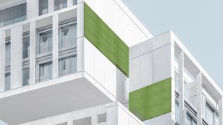 A 3D digital image showing a building with green matts on the outside walls.
