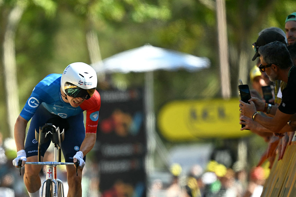 Groupama - FDJ United team's French rider Romain Gr&amp;eacute;goire cycles to the finish line of the 1st stage of the 113th edition of the Tour de France cycling race, a 19,6 km team time trial stage in and around Barcelona in northeastern Spain, on July 4, 2026. (Photo by Loic VENANCE / AFP)