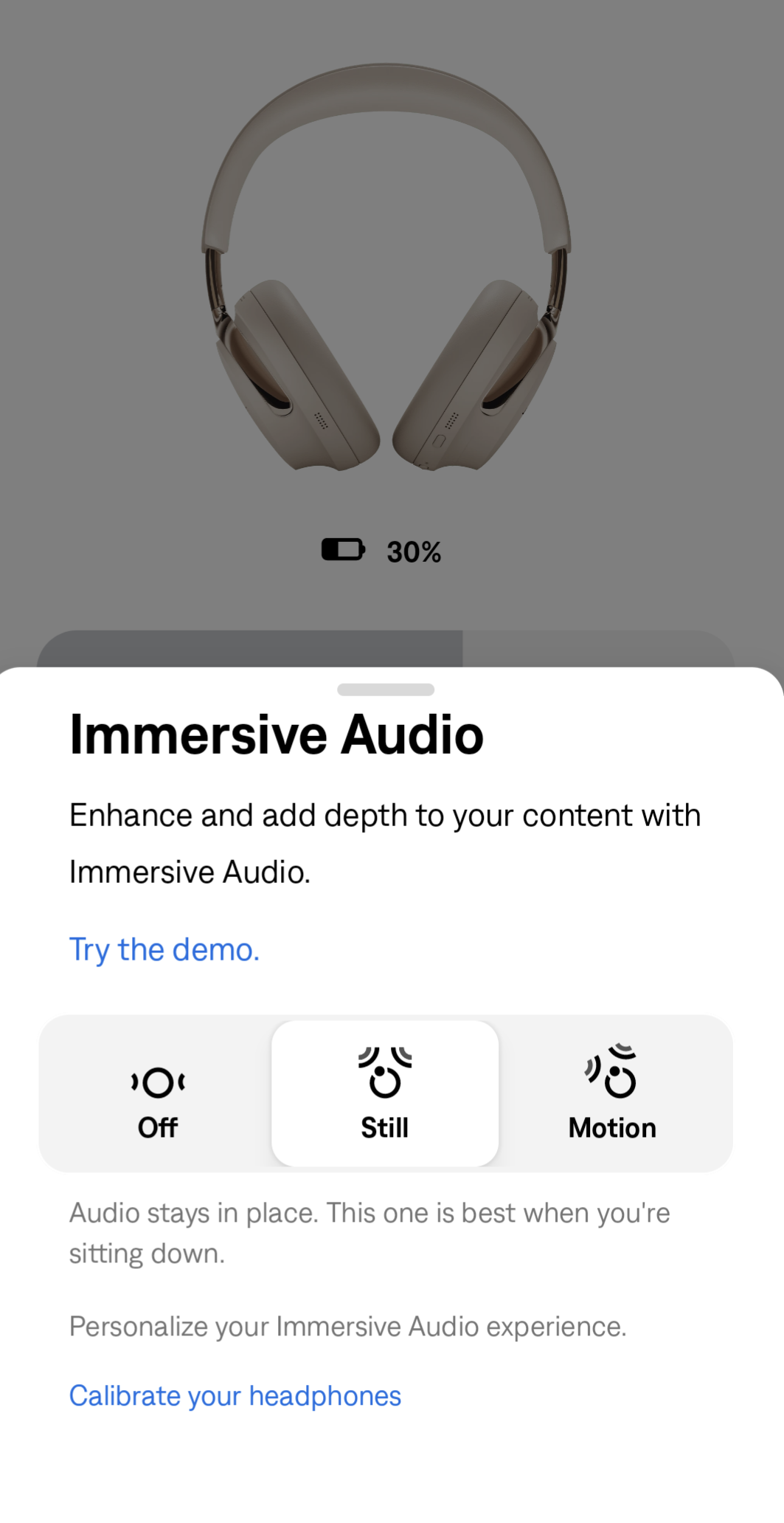 Bose app showing immersive audio modes