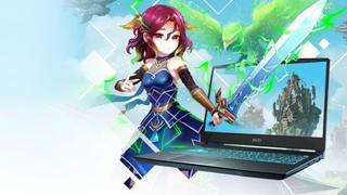 a young animated girl holding up a sword in front of a laptop