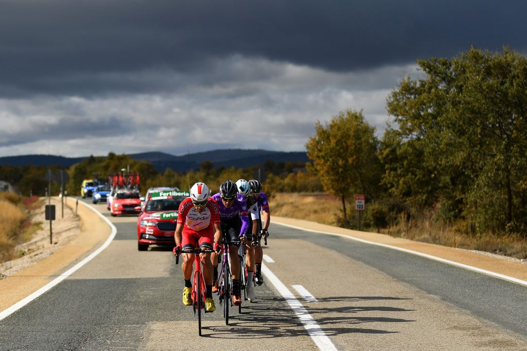 EJEADELOSCABALLEROS SPAIN OCTOBER 23 Harry Tanfield of The United Kingdom and Team AG2R La Mondiale Luis Angel Mate Mardones of Spain and Team Cofidis Solutions Credits Jesus Ezquerra Muela of Spain and Team Burgos BH Willie Smit of South Africa and Team Burgos BH Breakaway during the 75th Tour of Spain 2020 Stage 4 a 1917km stage from Garray Numancia to Ejea de los Caballeros lavuelta LaVuelta20 La Vuelta on October 23 2020 in Ejea de los Caballeros Spain Photo by David RamosGetty Images