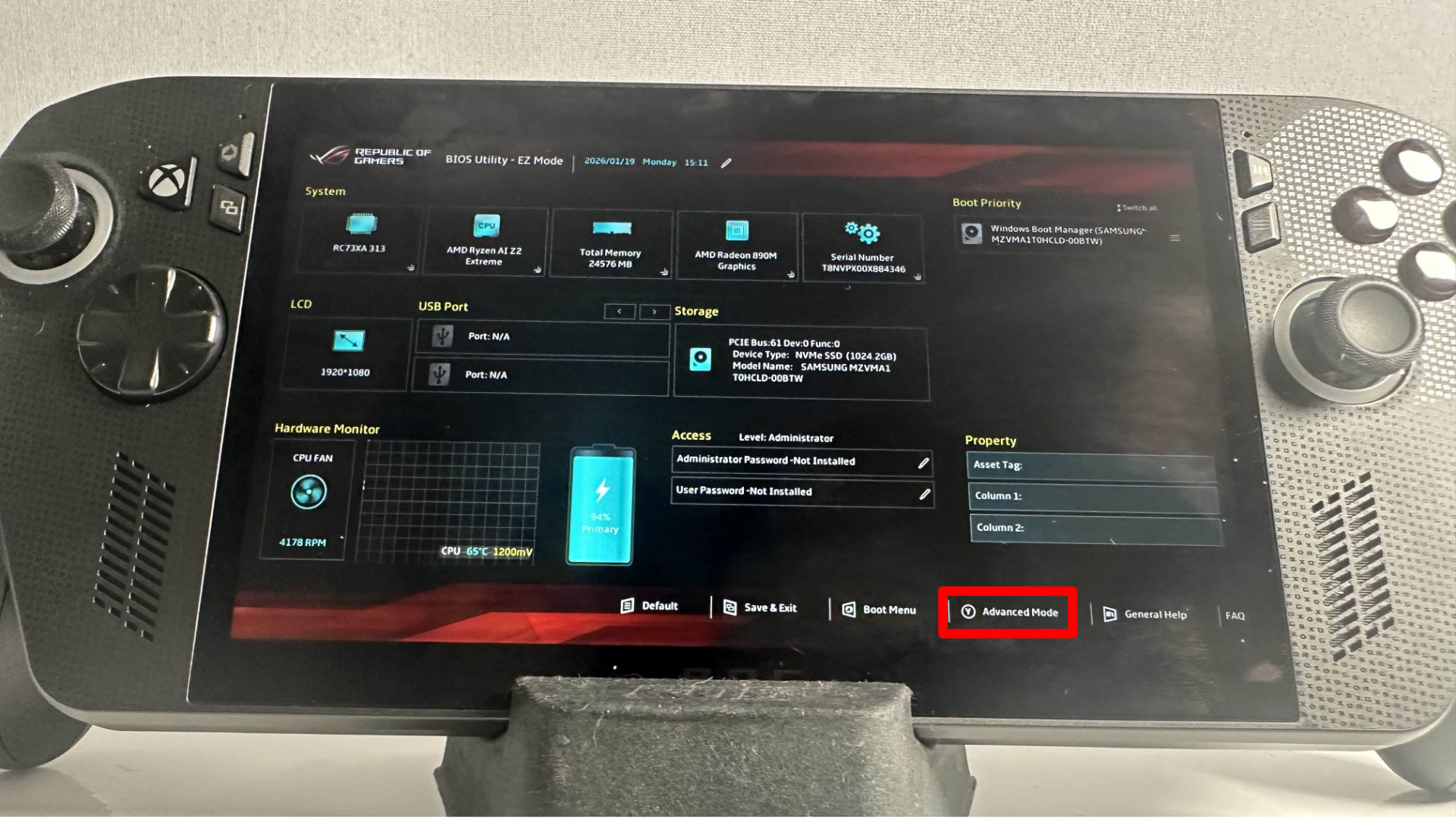 BIOS settings on the Xbox Ally