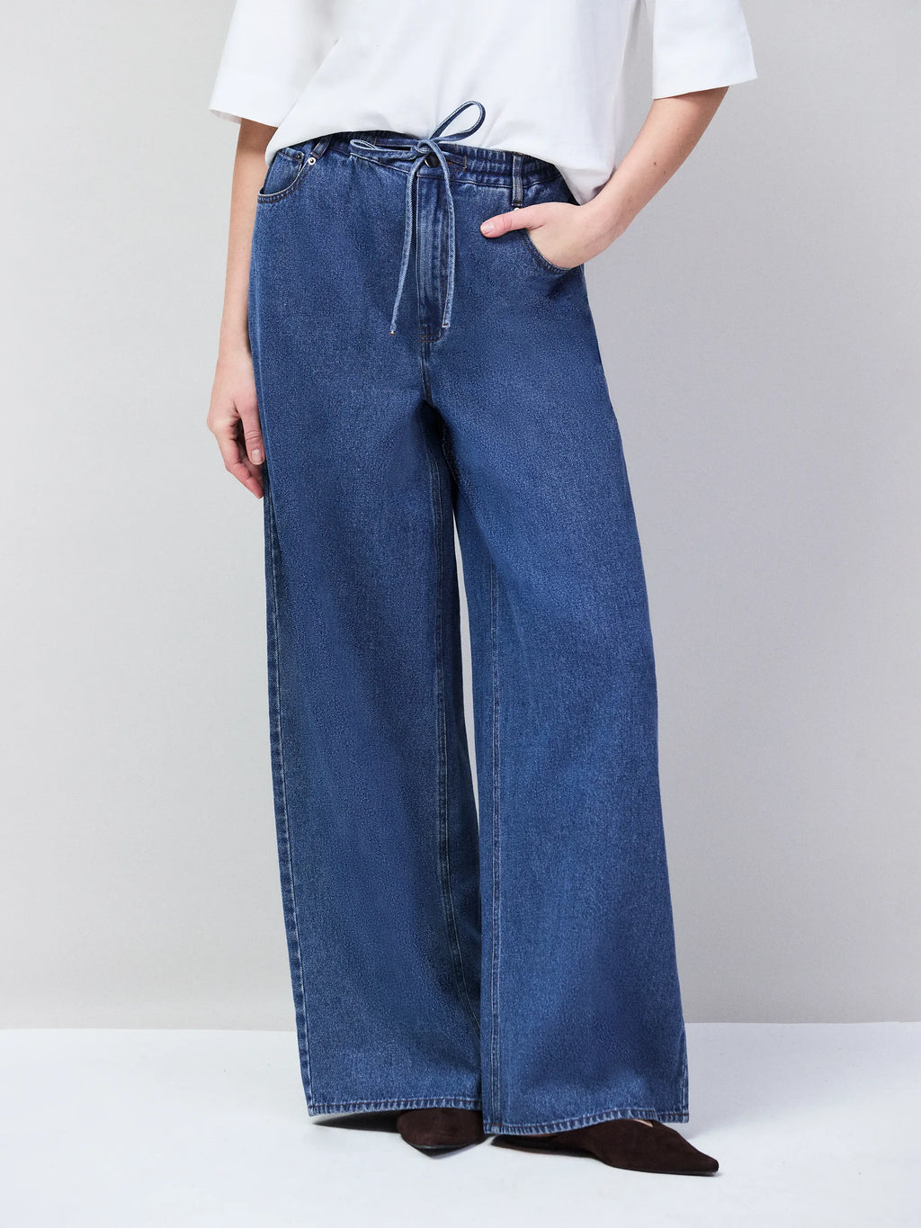 Blue Denim Drawstring Wide Leg Jeans