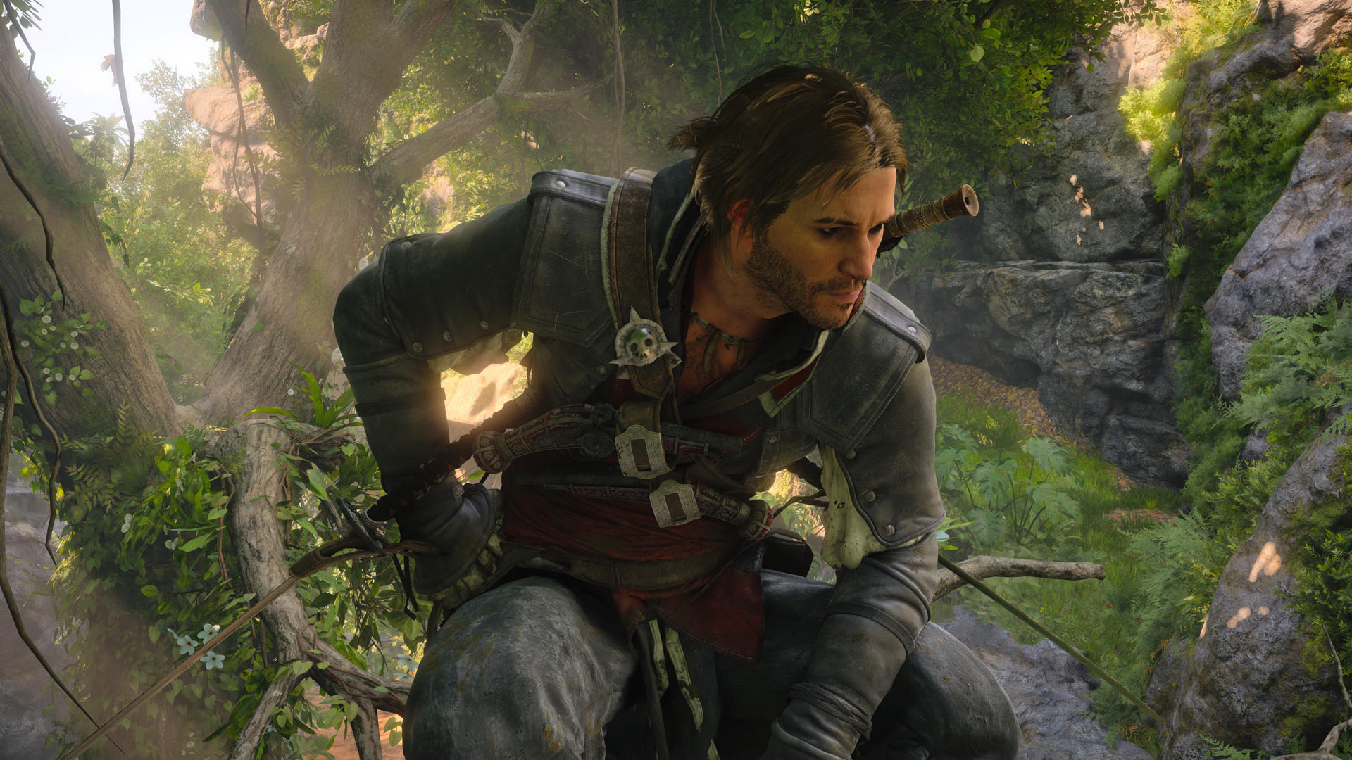 Edward Kenway perches in a tree within a patch of jungle on Principe in Assassin's Creed Black Flag Resynced